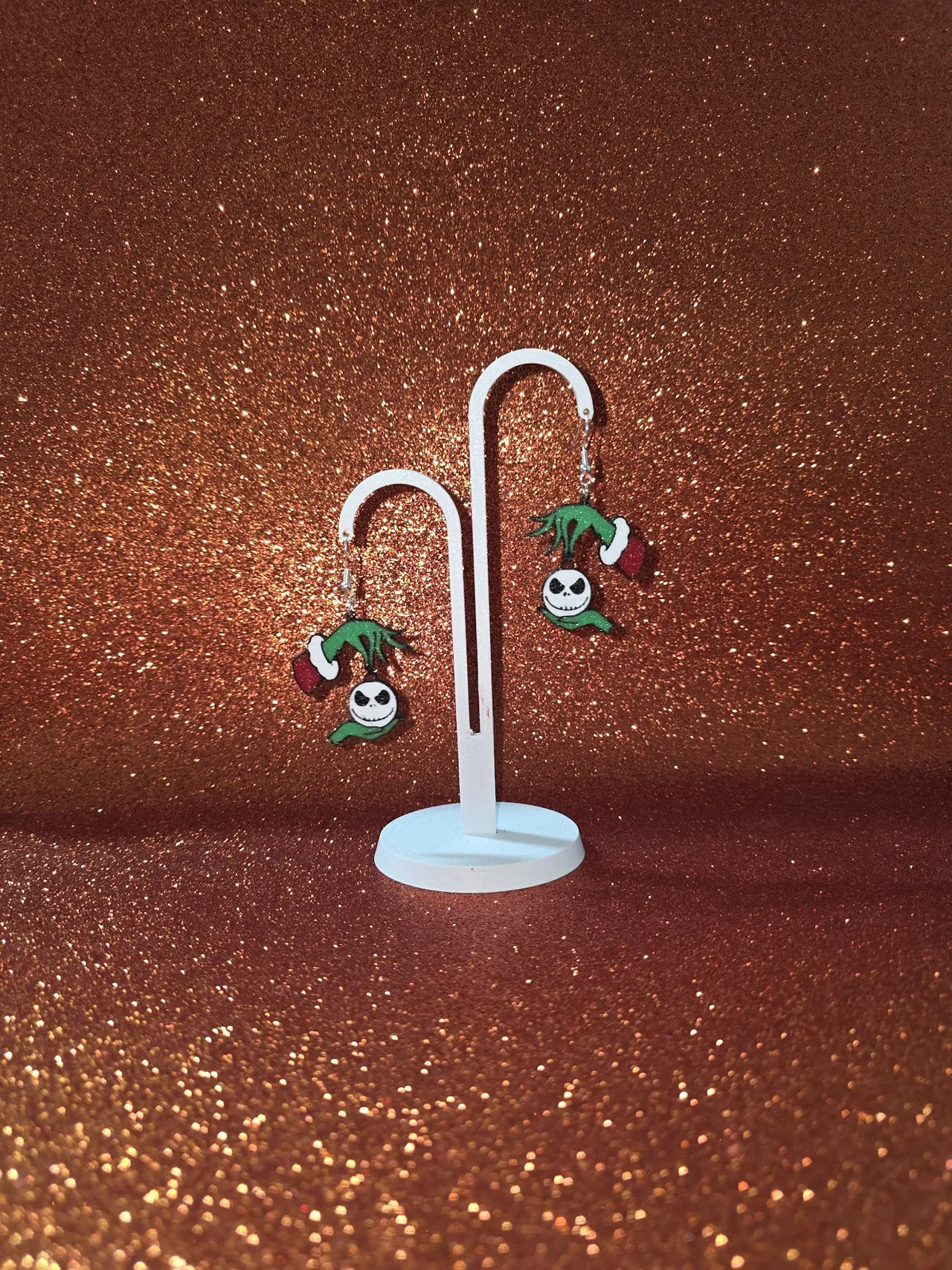 Jack Skellington on Grinch hand earrings view 3