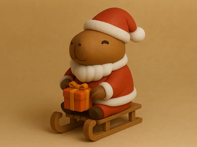 Santa Capybara on Sleigh with Gift