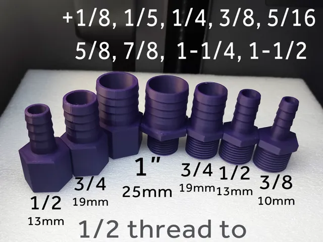 1/2 Pipe Thread to 3/8, 1/2, 3/4 and 1" Hose Barb