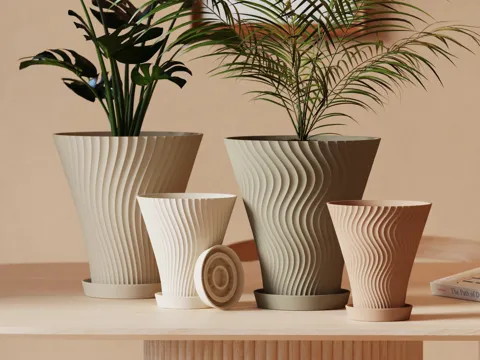 Maceta decorativa: Scandi-Style Rippled Flower Pot with Drainage Tray — referencia de MakerWorld