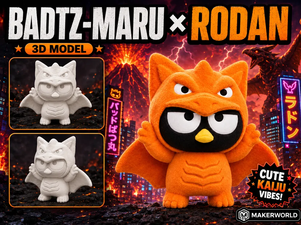 Modelo para impresión 3D: Badtz-Maru × Rodan – Cute Kaiju Mashup. Referencia del modelo original.