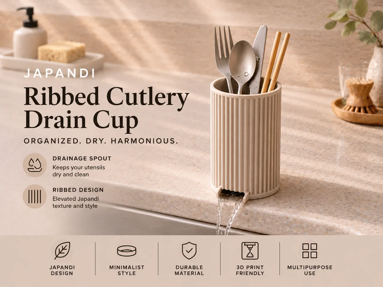 Japandi Ribbed Cutlery Drain Cup - 2 Sizes view 2