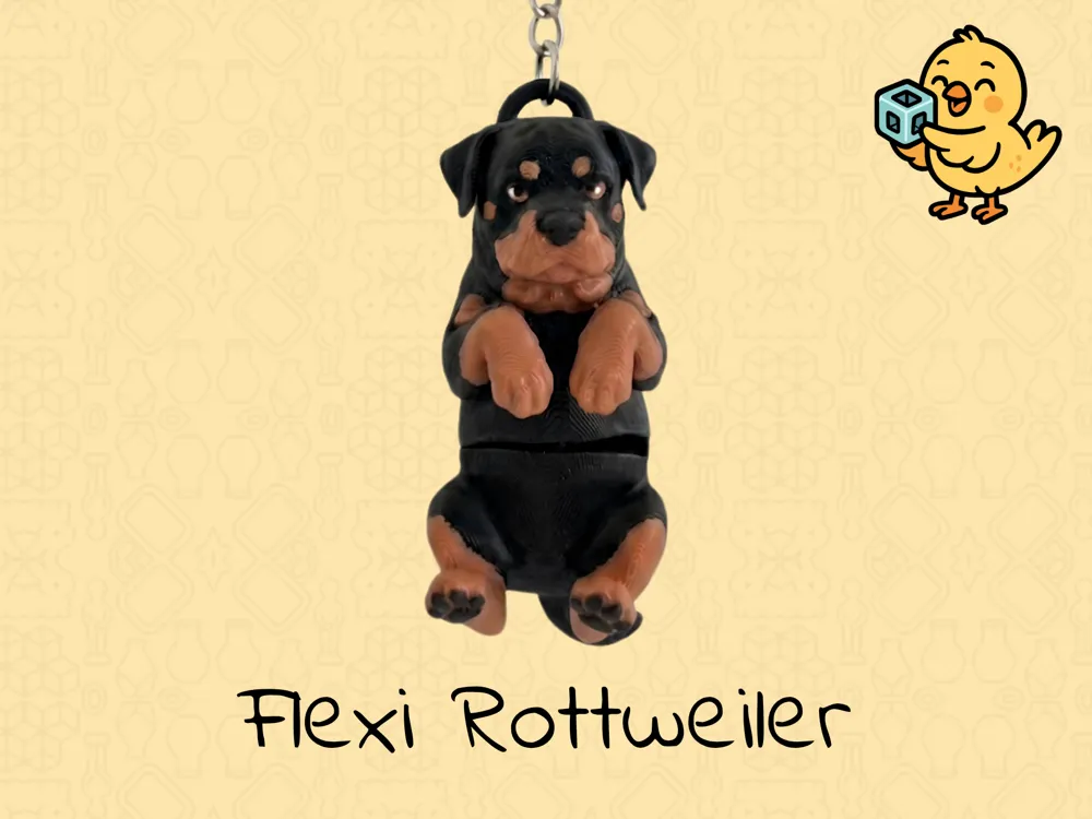 Llavero articulado de Rottweiler negro y marrón con argolla encima de la cabeza.