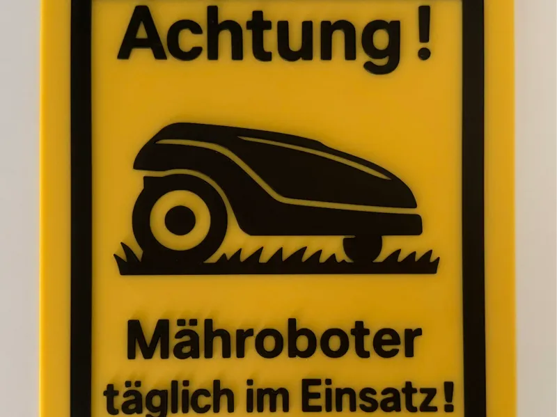 Warnschild Mähroboter täglich im Einsatz