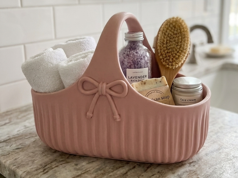 Ribbed Coquette Bow Basket & Vanity Shower Caddy