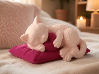 Adorable Cat Sleeping on Cozy Pillow Figurine