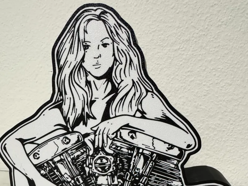Lichtbox Frau mit Harley Shovel Motor