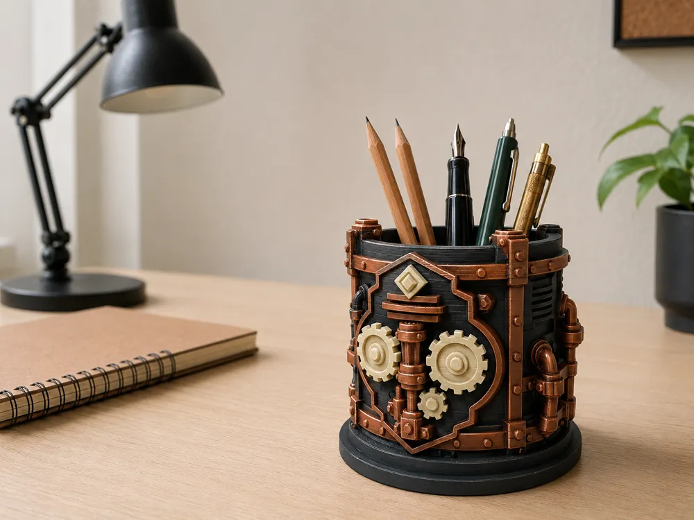 Soporte: Steampunk Pencil Holder – Gearworks Desk Cup. Referencia del modelo original.