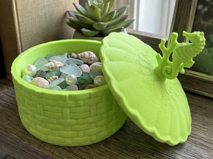 Seahorse Woven Basket: Coastal Shell Trinket Box
