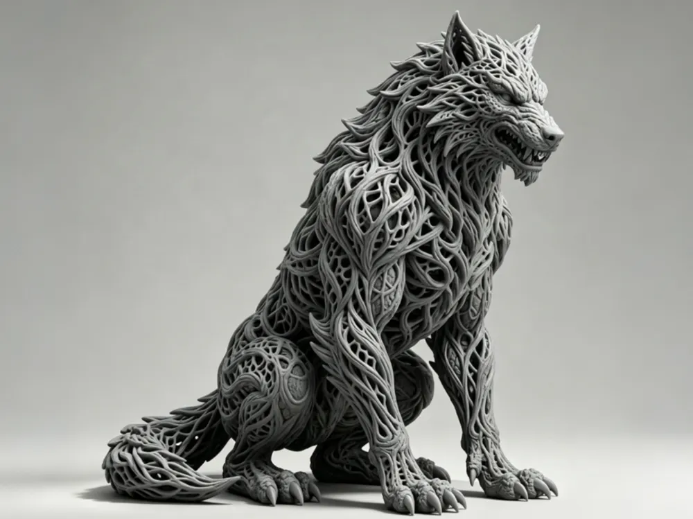 Figura decorativa: FlowWeave Wolf Sculpture | Fantasy Animal Decor. Referencia del modelo original.