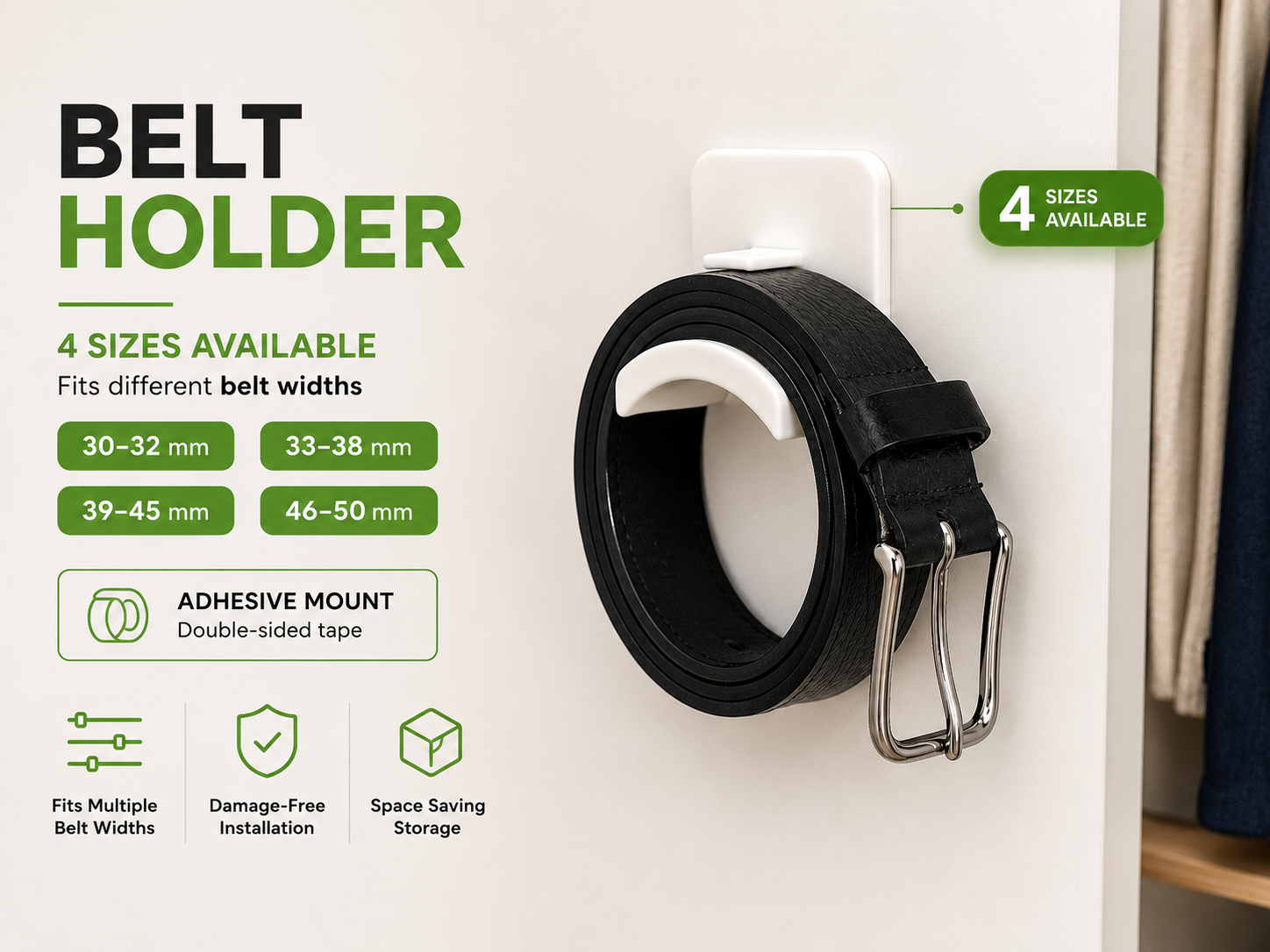 Wall Mount Belt Holder for Closet Multiple Sizes