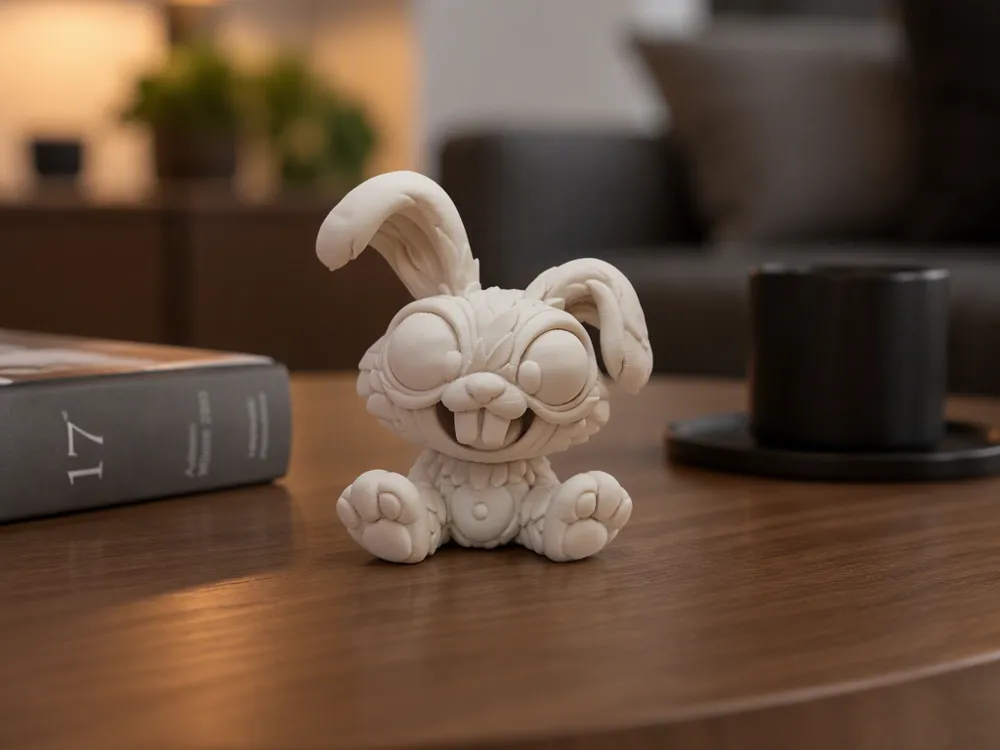 Modelo para impresión 3D: Grinsehase "Hoppla-Zahn" mit wilden Schlappohren. Referencia del modelo original.