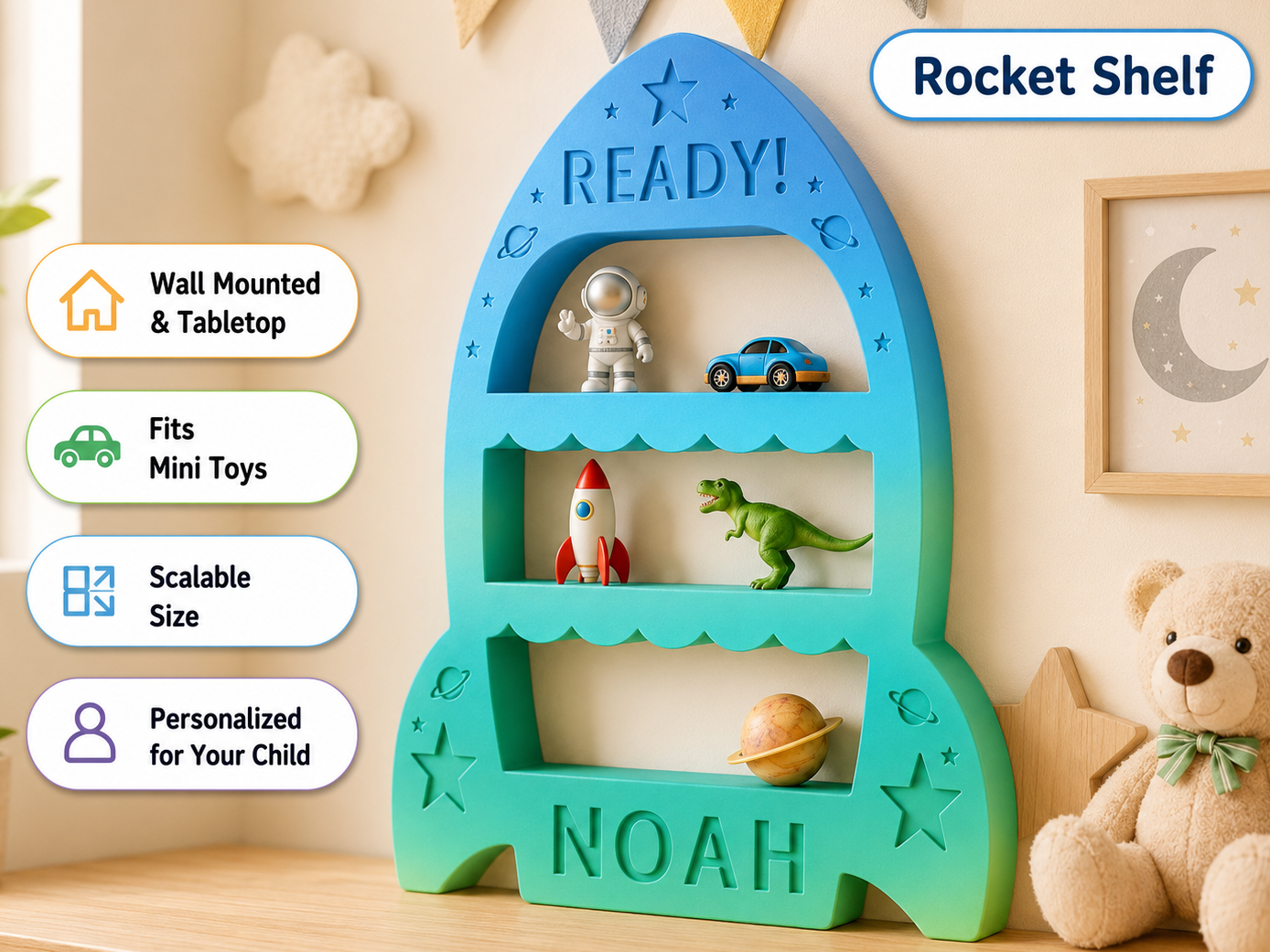 Personalized Kids Rocket Wall Shelf