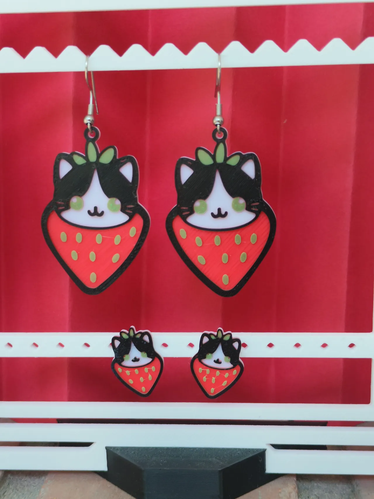 Strawberry Meow earrings - Kitty & Fruitie series view 2