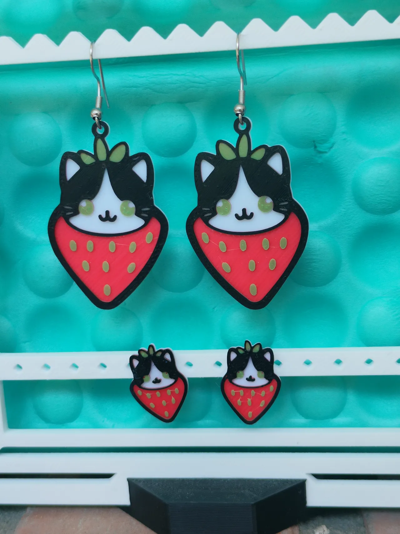 Strawberry Meow earrings - Kitty & Fruitie series view 3