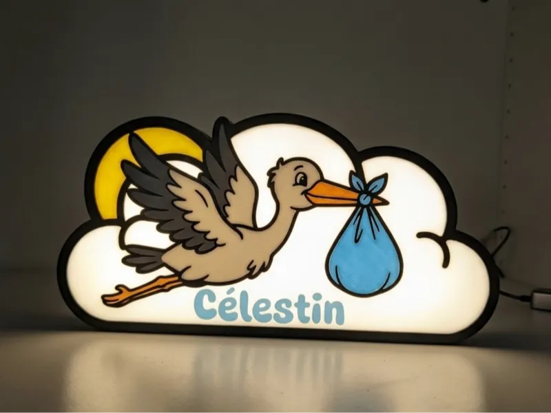 Veilleuse naissance cigogne et nuage personnalisé