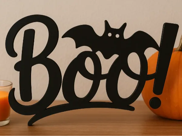 Scritta Boo per Halloween con pipistrello