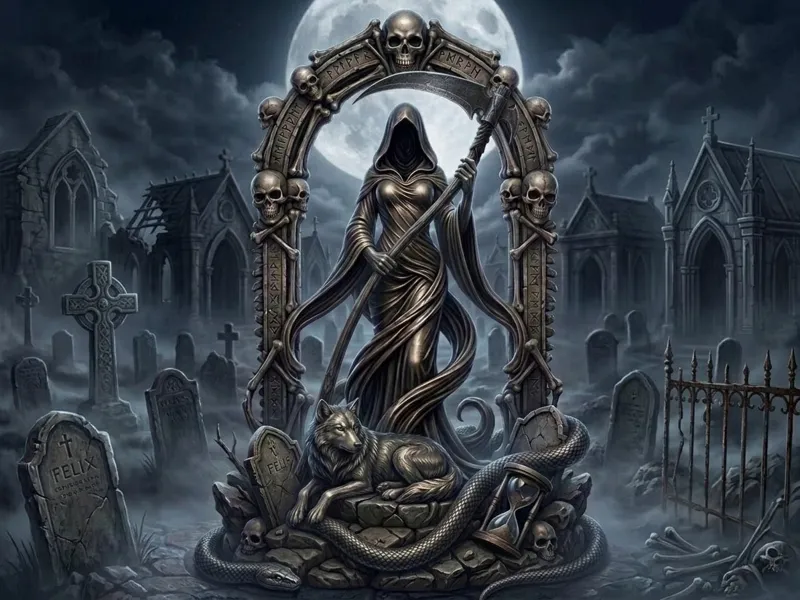 Standing Lady Grim Reaper Under Bone Archway