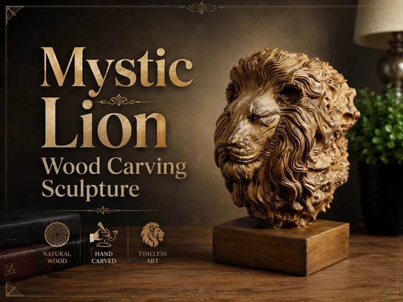 Mystic Lion Wood Carving Sculpture | Lion Bust