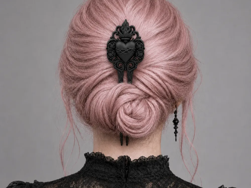 Letrero o emblema decorativo: Goth Sacred Heart Rose Baroque Hair Comb for Bun. Referencia del modelo original.