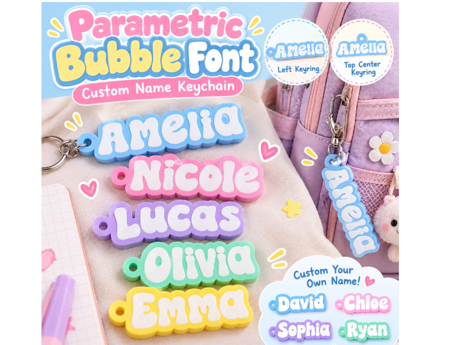Parametric Retro Bubble Name Keychain Nametag Cute 3D model