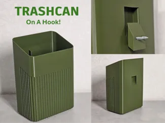 A trashcan with a wall mount hook