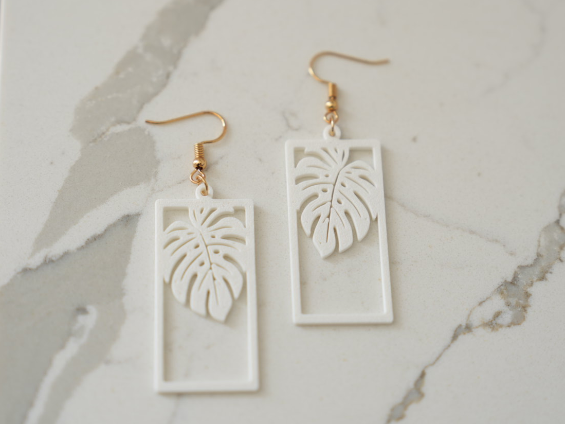 Monstera Leaf Rectangular Dangle Earrings