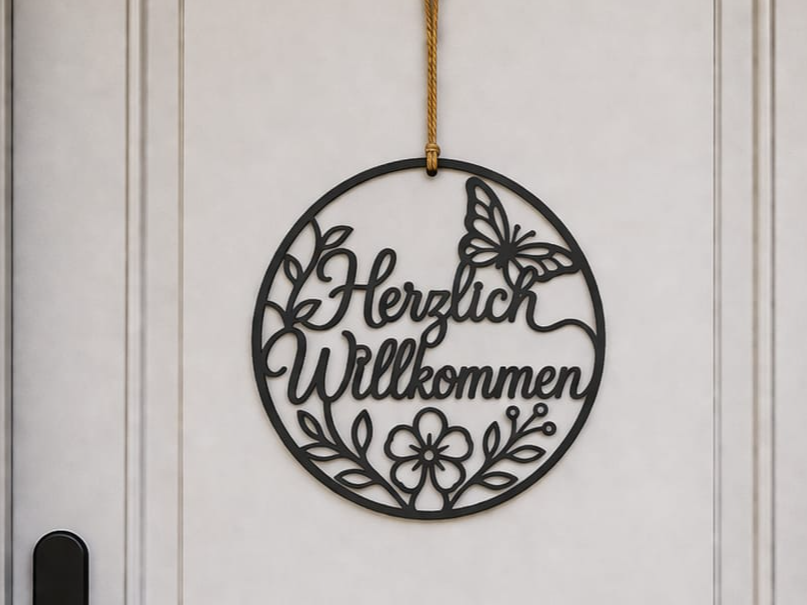 Herzlich Willkommen Türschild floral rund
