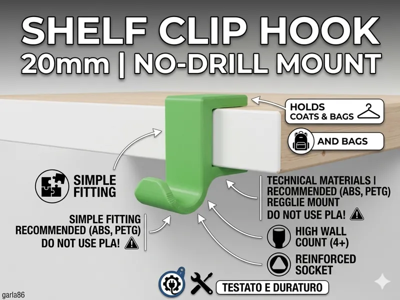 Shelf Clip Hook 20mm - Coat & Object Holder 
