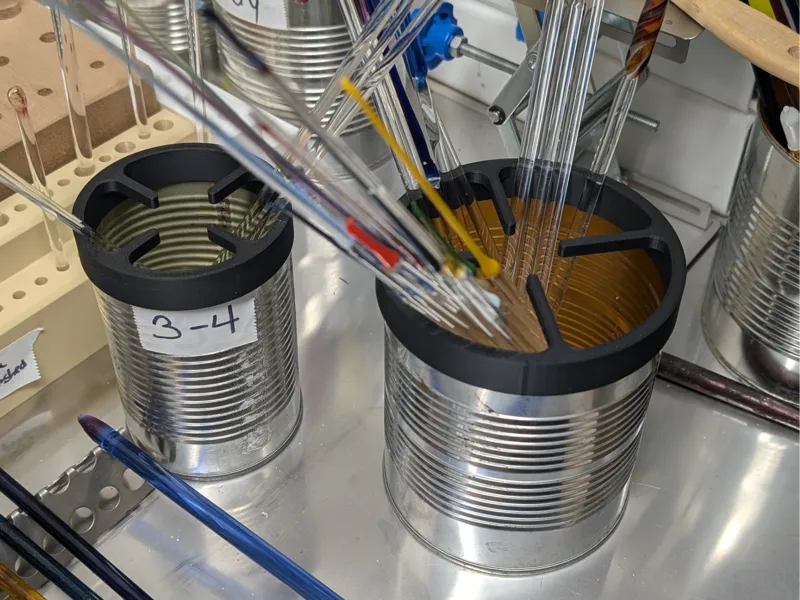 Tin can organizer for glass rods/other long items