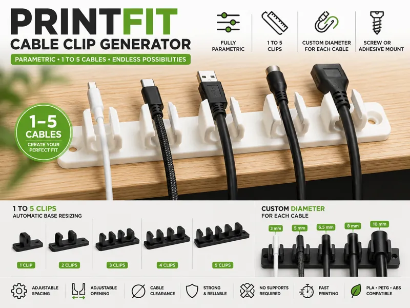 PrintFit Cable Clip Generator Parametric 1–5 Cable