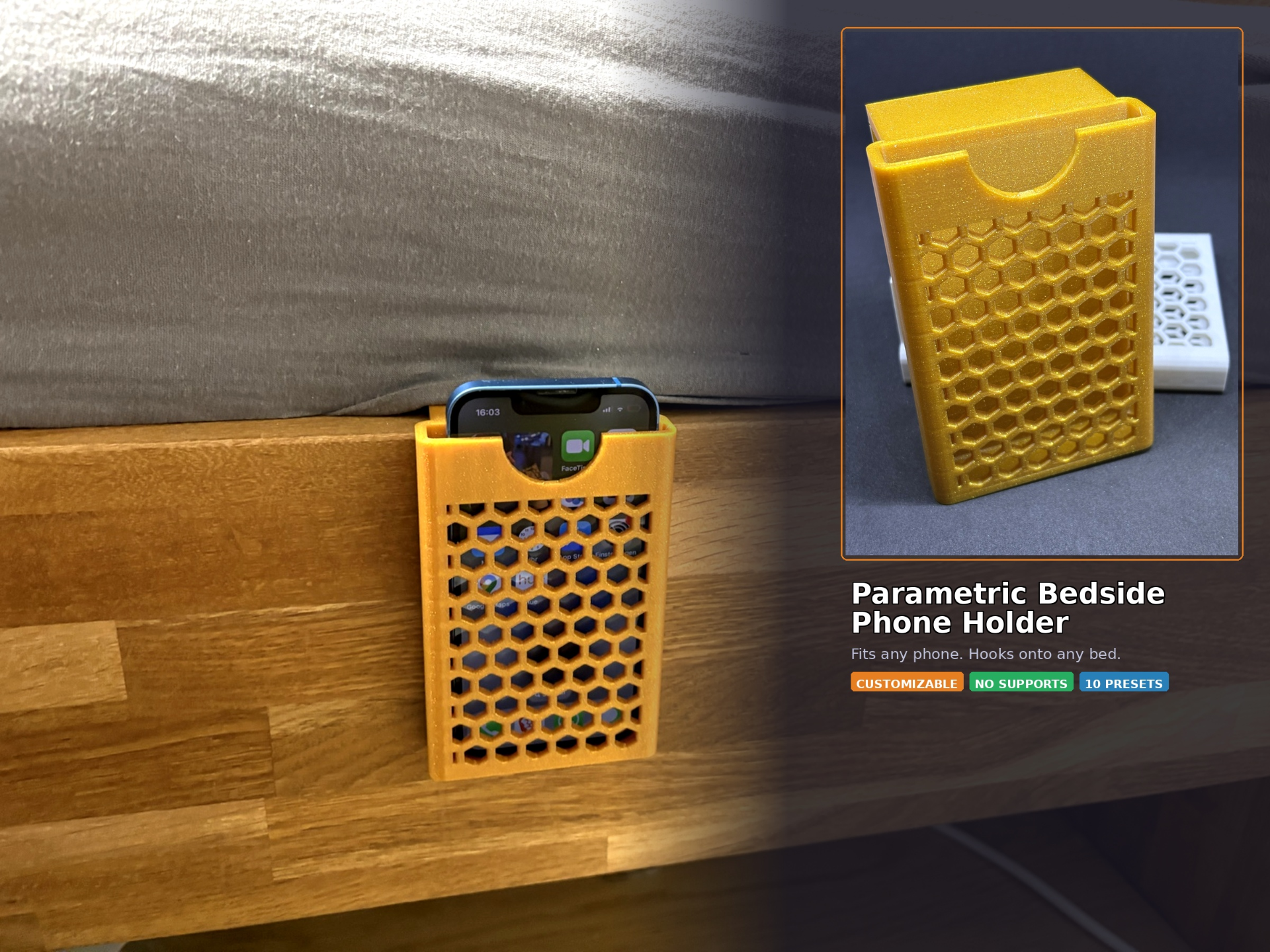 Parametric Bedside Phone Holder — Fits Any Phone