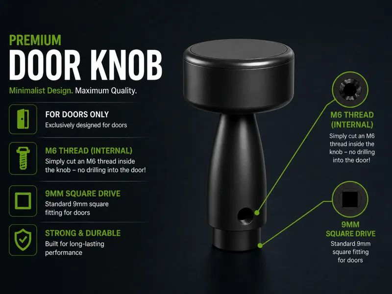Minimalist Door Knob 9mm Square M6 Internal Thread