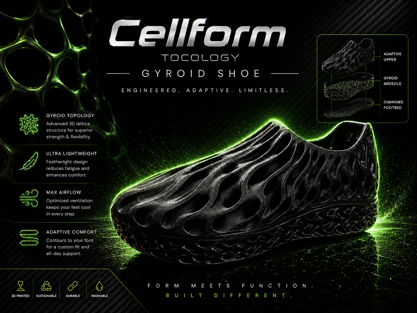 3D Printed TPU Gyroid Shoe.