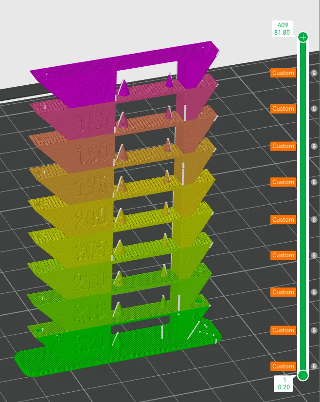 PLA temp tower - ultimate bridging, stringing, overhang test - temperature coded!