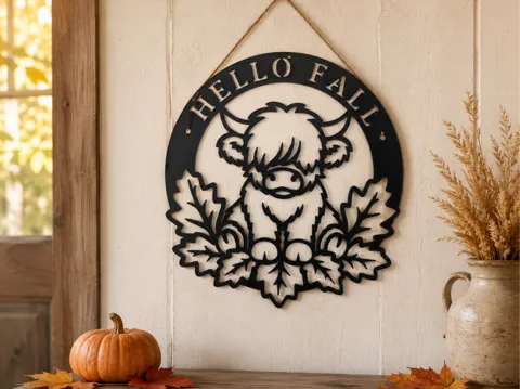 Letrero o emblema decorativo: Hello Fall Highland Cow Wall Sign — referencia de MakerWorld