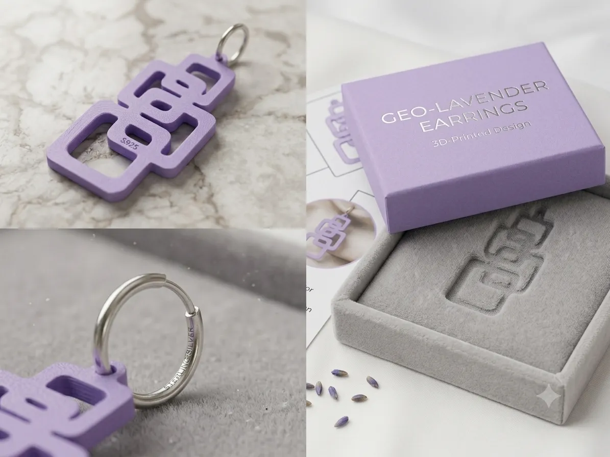 Geo-Lavender Earrings | Orecchini geometrici 3D view 3