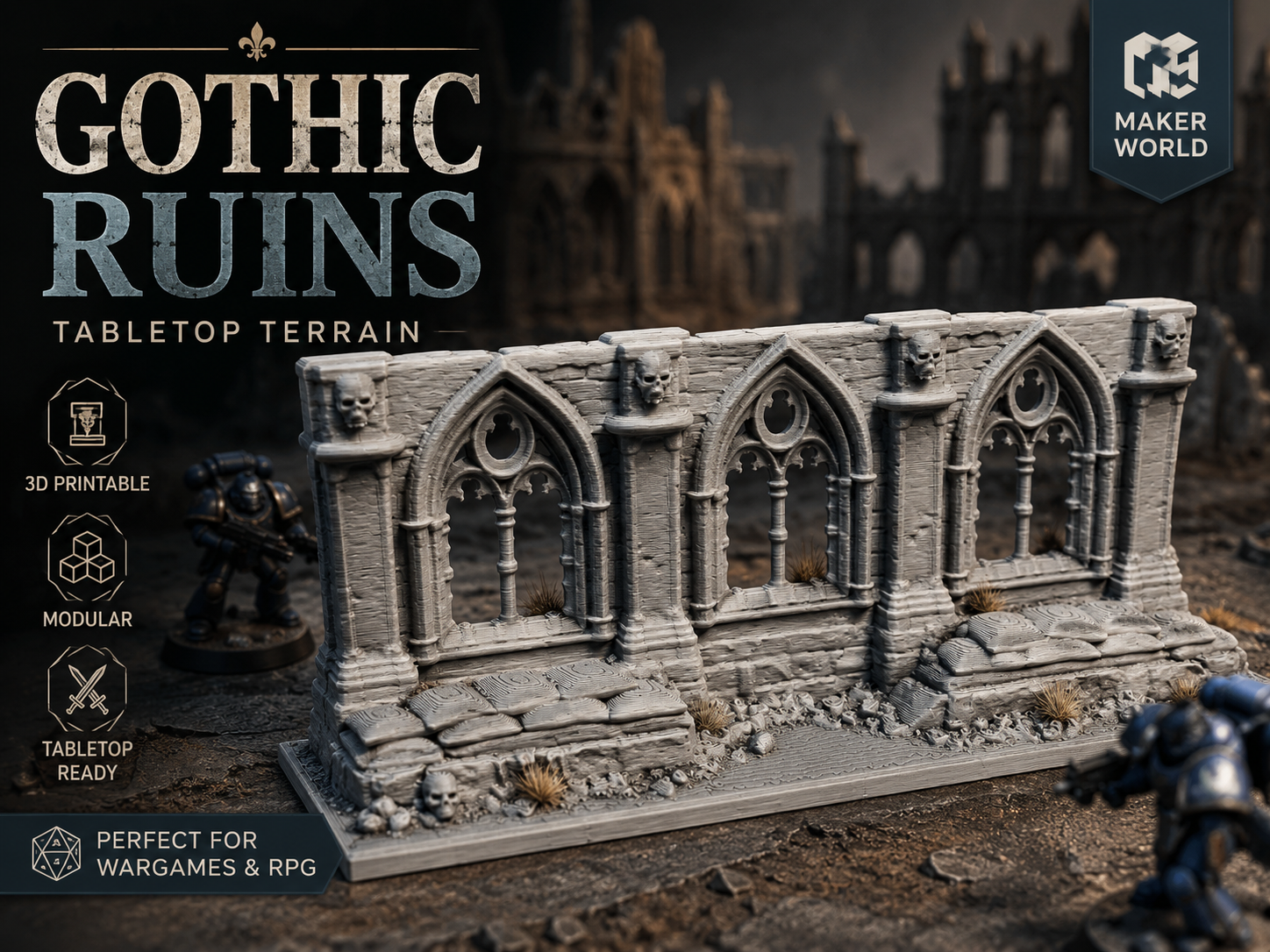 Gothic Ruins – Tabletop Terrain Wall Section
