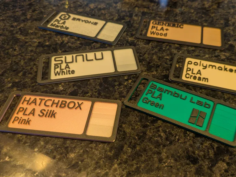 PLA Filament Sample Cards multiple brands