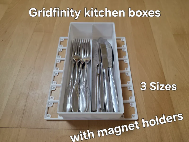 Gridfinity kitchen boxes with magnet holders