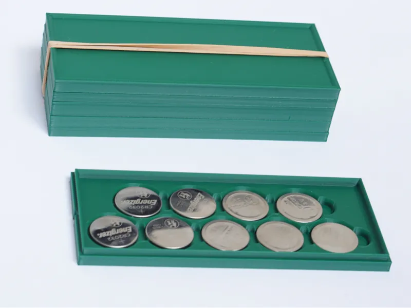 Tray-based coin cell battery holder and box