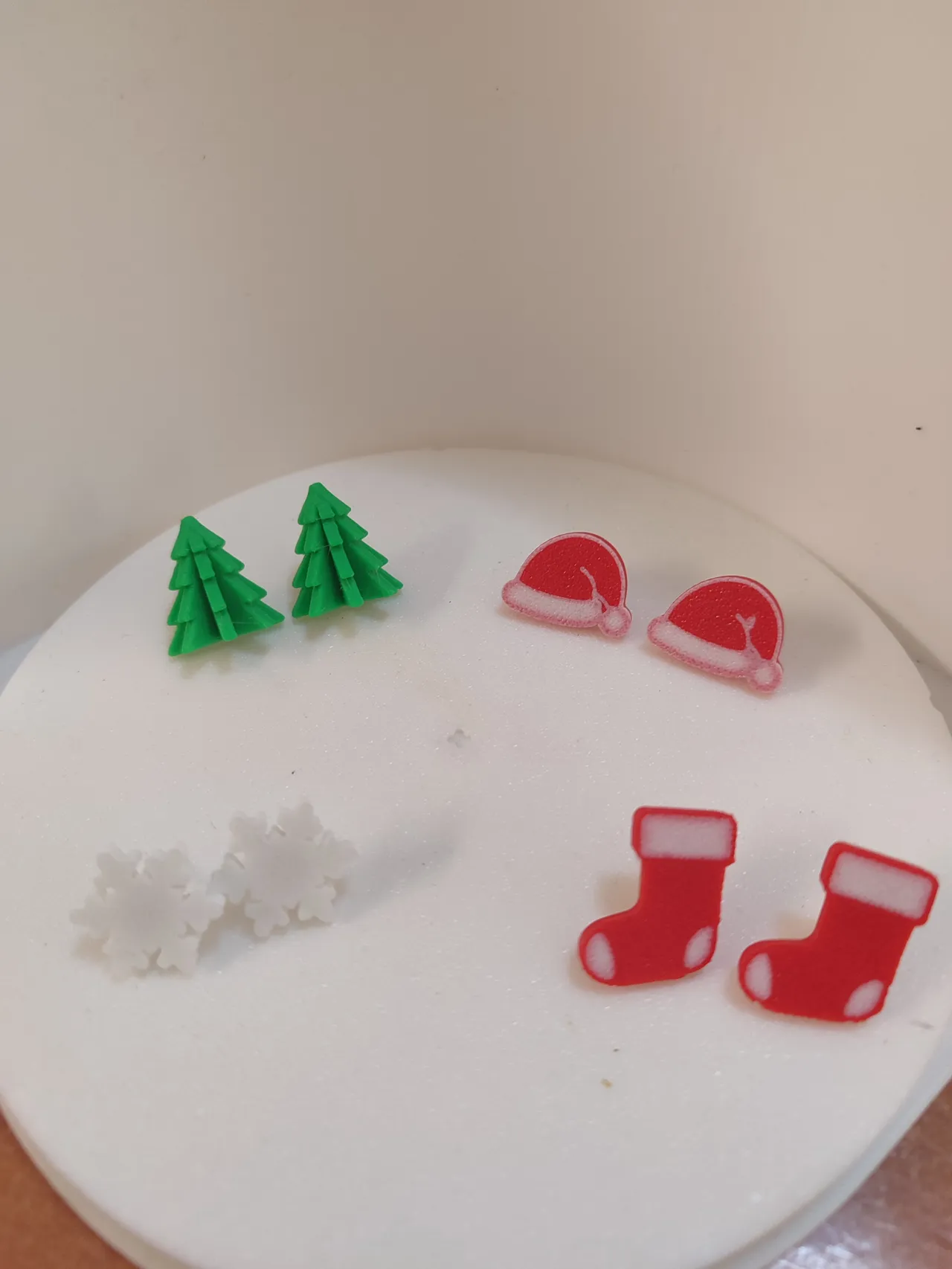 Christmas tree, santa hat, sock, snow pin earring view 2