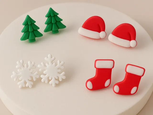 Christmas tree, santa hat, sock, snow pin earring