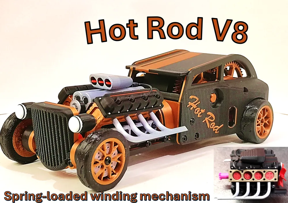HOT ROD V8 - Spring engine - Free 3D Print Model - MakerWorld