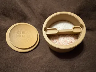 Salt Container with a spoon, lid, and storage base