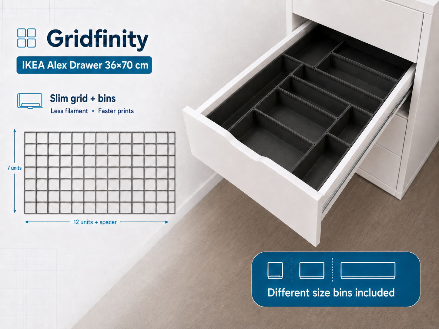 Gridfinity IKEA Alex Drawer  - Slim Grid & Bins