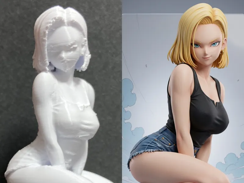Android 18 crouching down for the short Krillin.