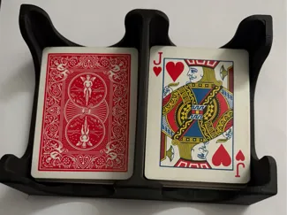 Two deck playing card holder with discard stack.