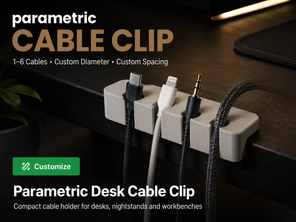 Clip o pieza de sujeción: Parametric Desk Cable Clip – Fully Customizable. Referencia del modelo original.