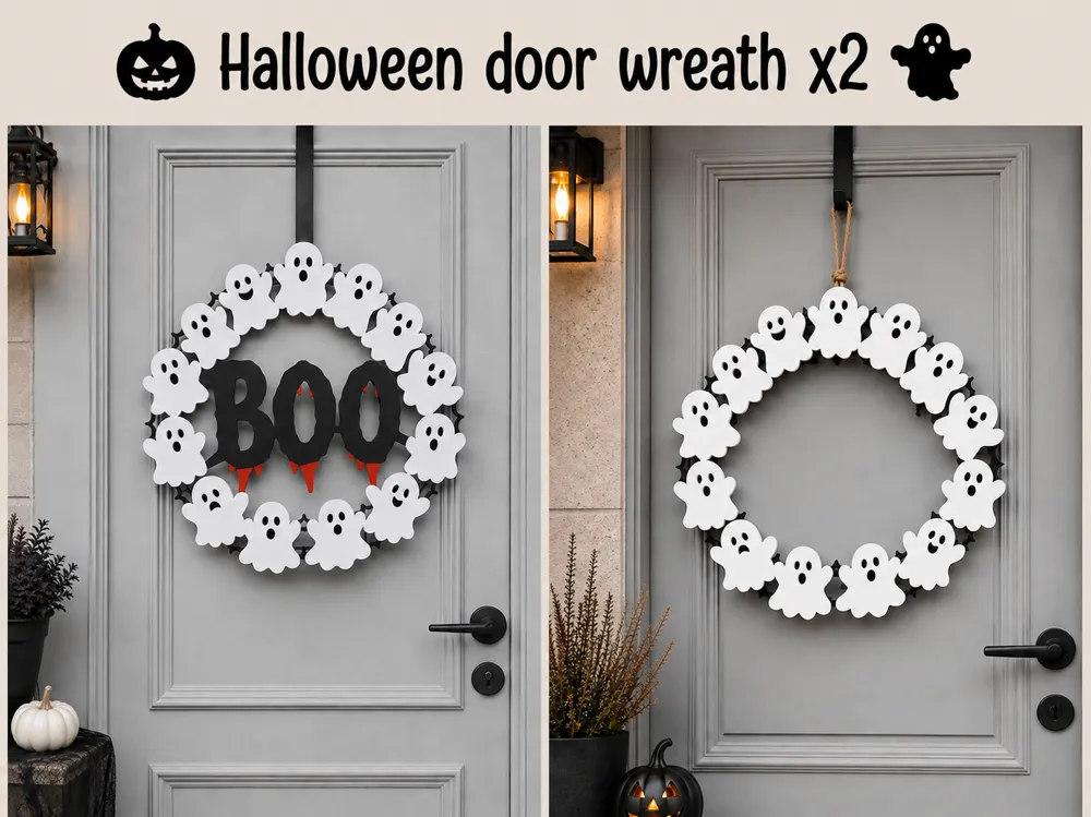 Adorno temático: Haloween door wreath ghost x 2. Referencia del modelo original.